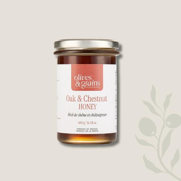 A jar of Oak and chestnut honey Olives and Grains
