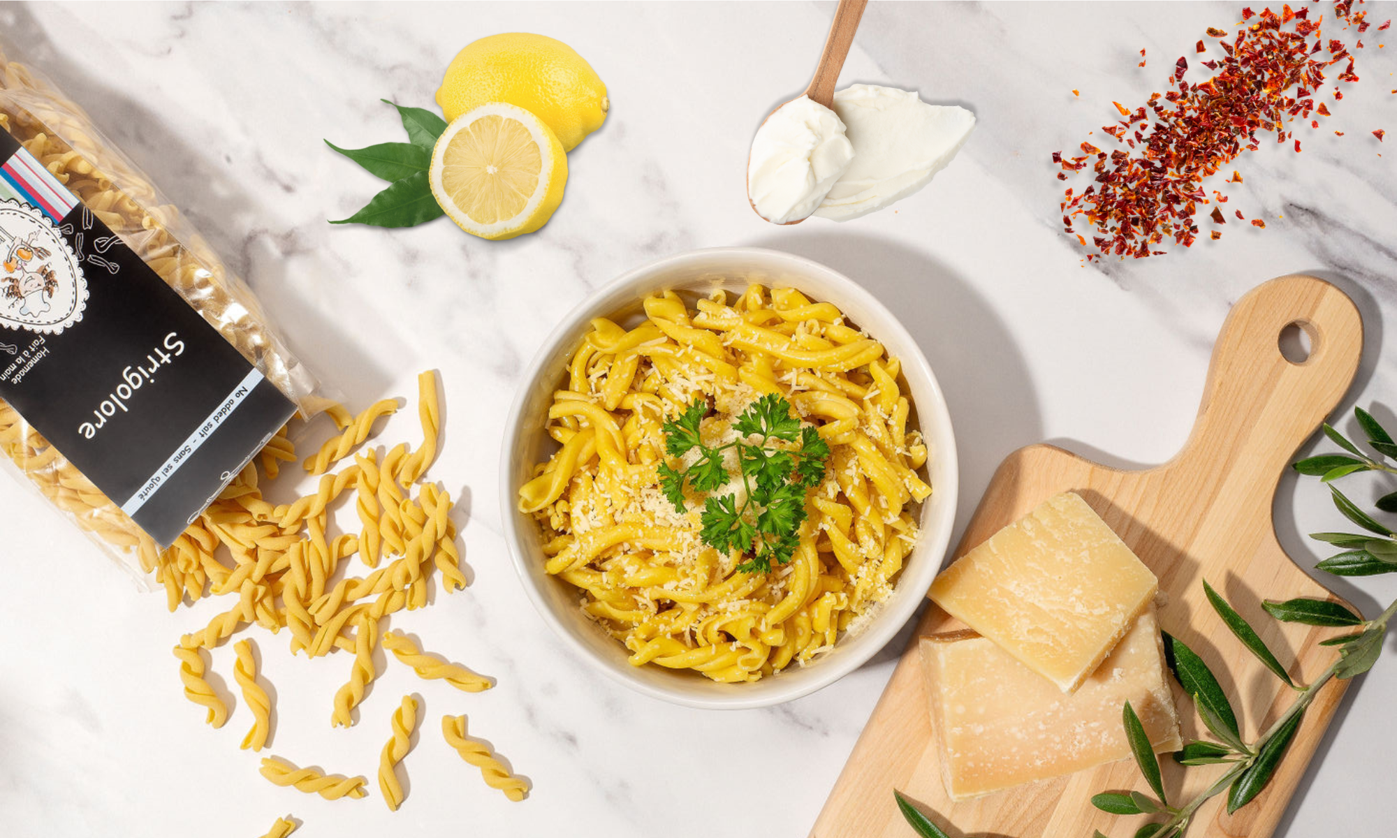 Lemon ricotta strigolore pasta dish layout