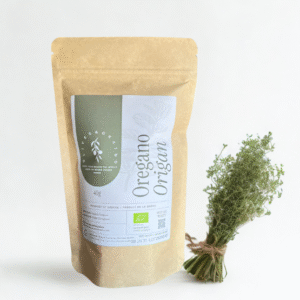 A kraft Olives and Grains bag containing organic dried oregano herbs from Greece.