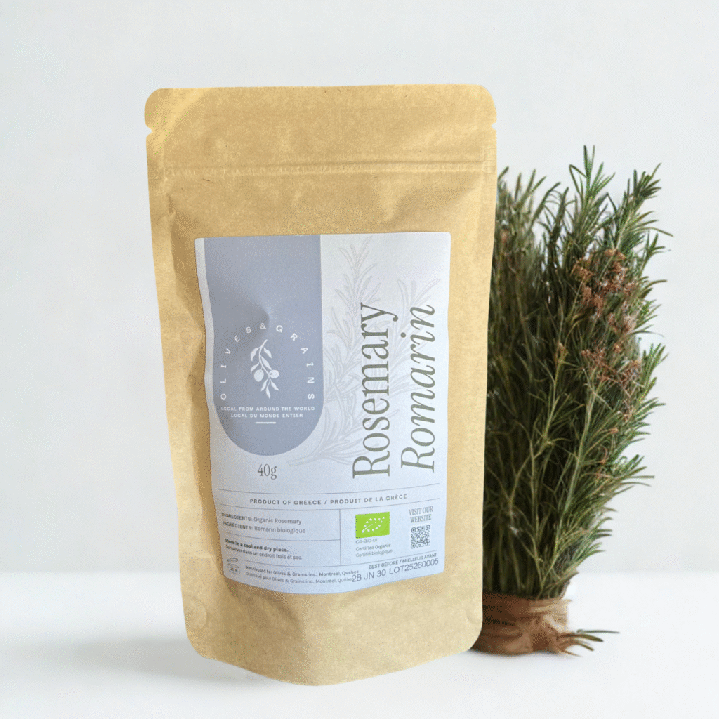 A kraft Olives and Grains bag containing organic dried rosemary herbs from Greece.
