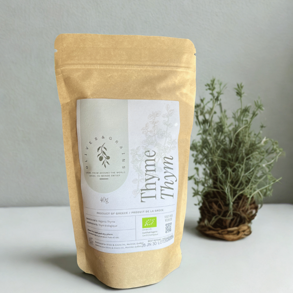 A kraft Olives and Grains bag containing organic dried thym herbs from Greece.